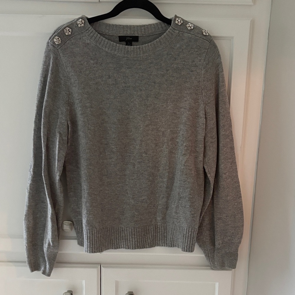 J. Crew Gray Sweater with Crystal Button Embellished Shoulders size L